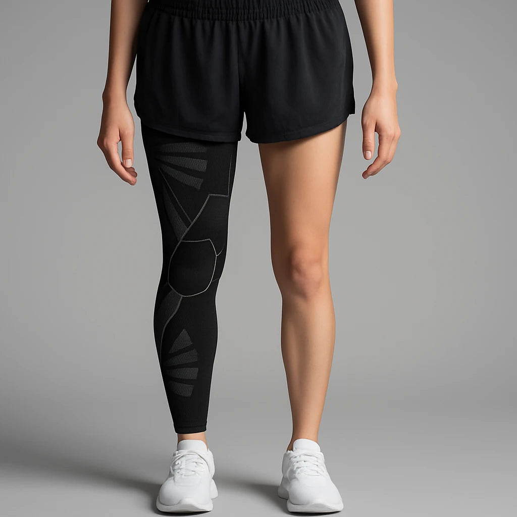Person wearing black leggings with geometric designs and black shorts on a gray background